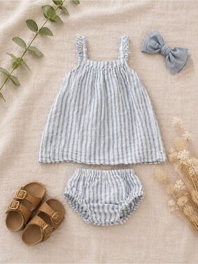 Angel Dear 12-18M Baby Girl Blue Stripe Dress + Bloomers Set
